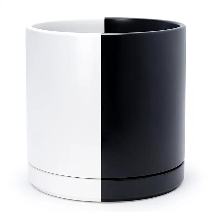 D'vine Dev 12 Inch Ceramic Planter Pot with Drainage Hole and Saucer, Indoor Cylinder Round Planter Pot, Split Monochrome Black & White, 94-O-F-0 by GreenHaven Gardens