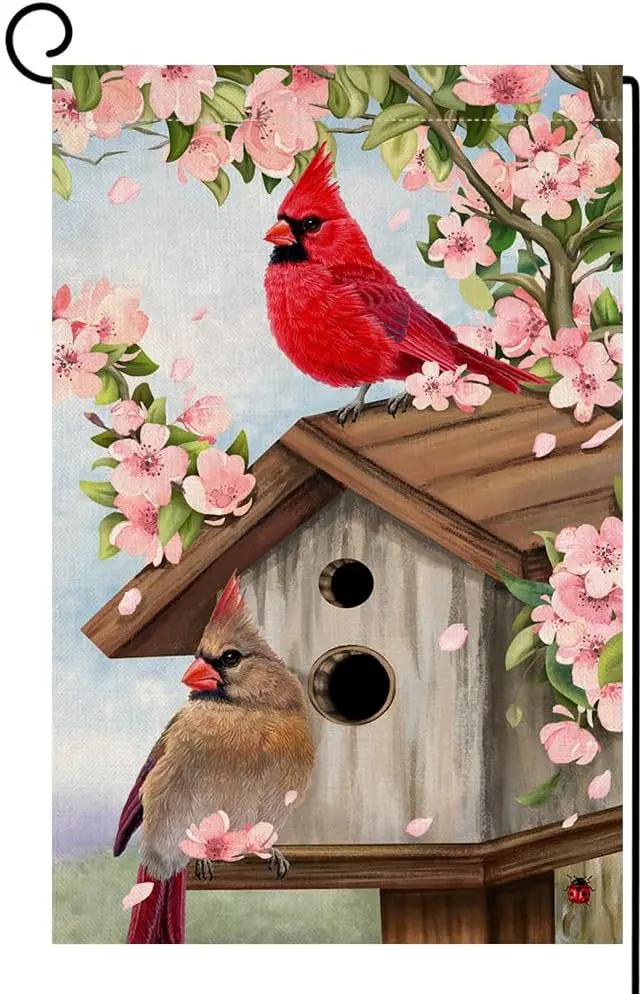 BLKWHT Spring Cardinal Bird Garden Flag 12x18 Vertical Double Sided Pink Flowers Tree Summer Farmhouse Holiday Outside Decorations Burlap Yard Flag BW792 by GreenHaven Gardens