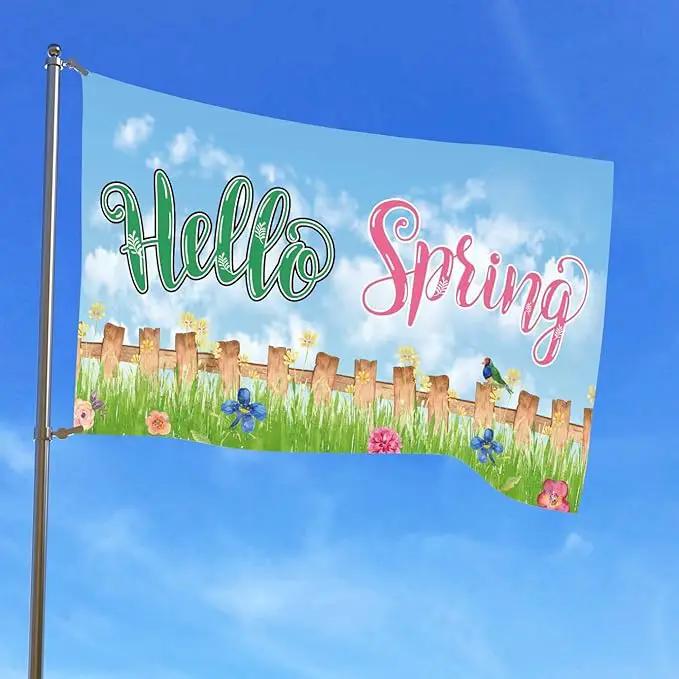 Hello Spring Birds with Flowers Home Flag 3x5 Ft,Seasonal Welcome Home Flower Spring Sweet Farmhouse Rustic Home Décor House Flag Seasonal Holiday Party Polyester Outdoor Decor with Brass by GreenHaven Gardens