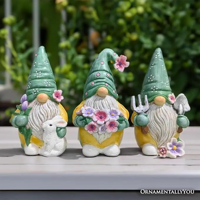 Garden Guardians Set of Three 6" Gardening Gnome Figurines, Floral Green and Yellow Statue Decor by GreenHaven Gardens