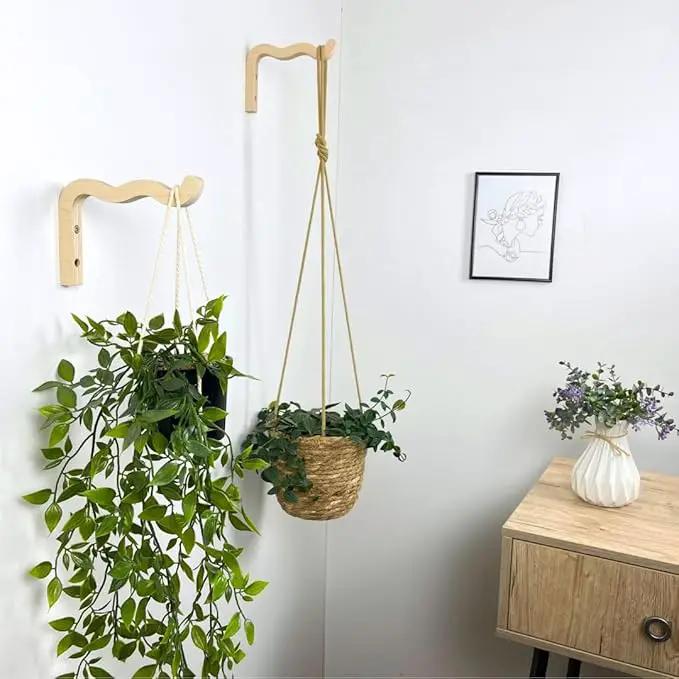2-Piece Set of Wavy Wooden Wall Planters for Indoor Plants 6 Inch - Natural Plant Hook for Wall Plant, Wind Chimes, Flower Brackets, Patio Garden Decorations - Bracket Plant Hanger (Natural) by GreenHaven Gardens