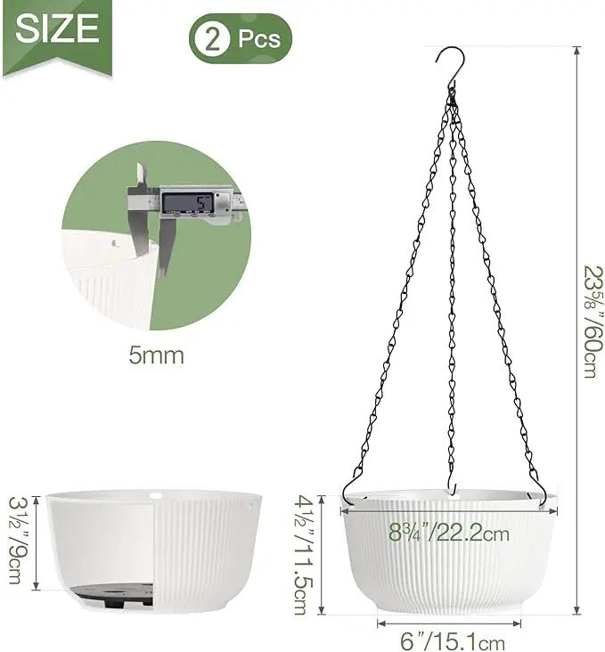 T4U Hanging Planter Self Watering 8 Inch, 2 Pack White Indoor Outdoor Hanging Plant pots, Hanging Flower Pot with Drainage Hole & Plug & Chain with 3 Hooks for Garden Home Decor by GreenHaven Gardens