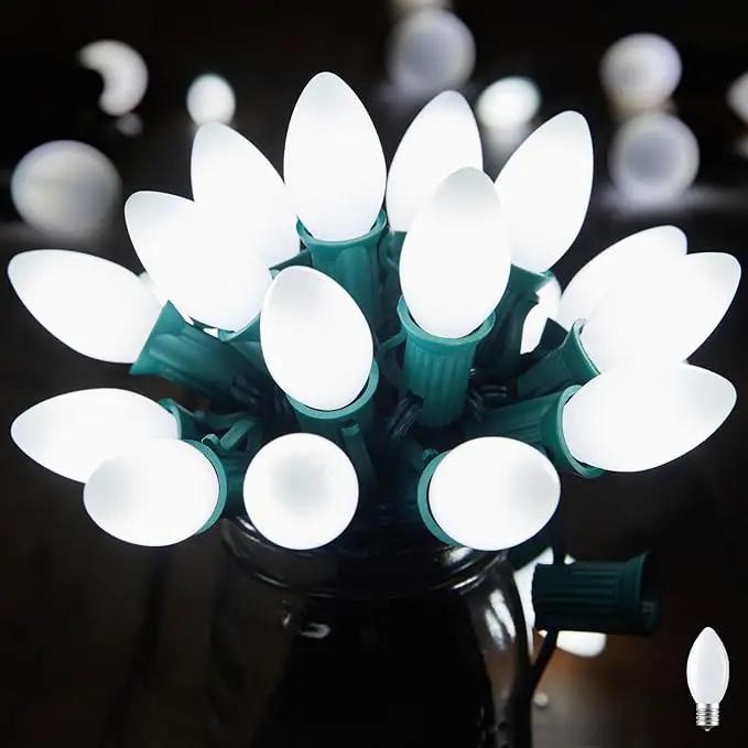 C7 Pure White LED Christmas Lights, 50Ft Vintage String Lights with 50+2 Plastic Bulbs, E12 Candelabra Base, Outdoor Retro Style Hanging Lights for X-mas Patio Fence Roofline Holiday by GreenHaven Gardens