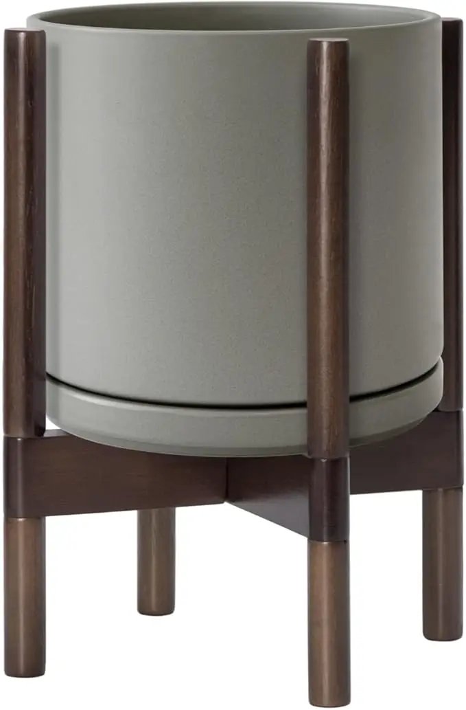 D'vine Dev Ceramic Planter with Walnut Color Stand - 10 Inch Modern Round Flower Pot with Wood Planter Holder, Grey, 55-B-X-3 by GreenHaven Gardens