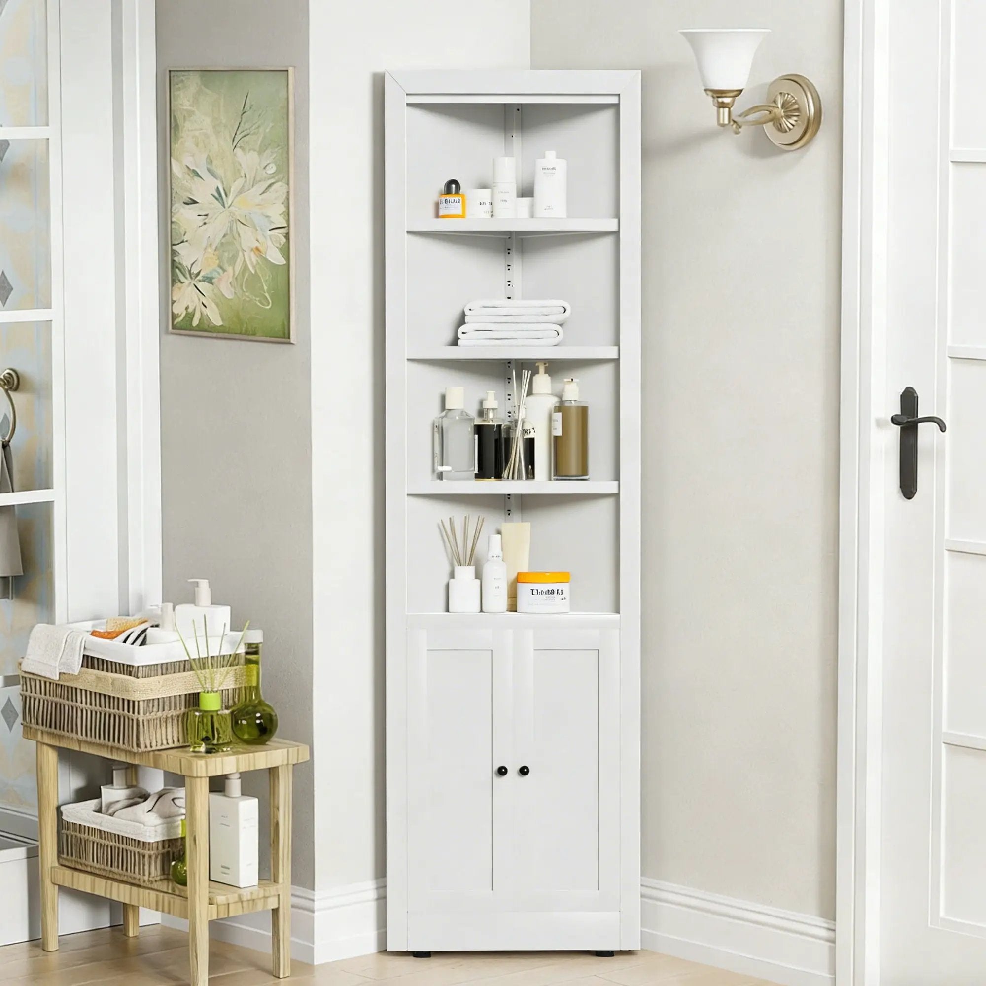 Tall Corner Storage Cabinet With 2 Doors, 5-Tier With Adjustable Shelves, Freestanding - White by Unique Piece Furniture