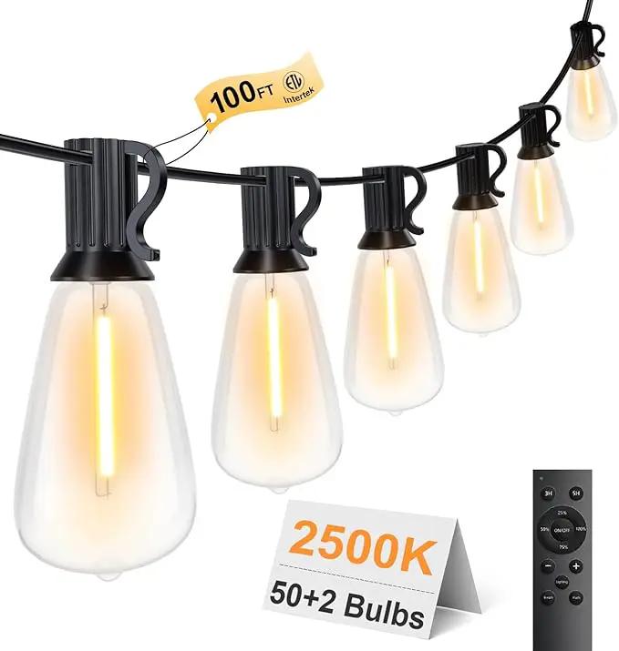 100FT Remote Outdoor String Lights for Outside, 50+2 LED Waterproof Shatterproof Edison Dimmable Timer Bulbs, 2500K Warm White Patio Lights for Garden Backyard Yard Hanging Lighting by GreenHaven Gardens