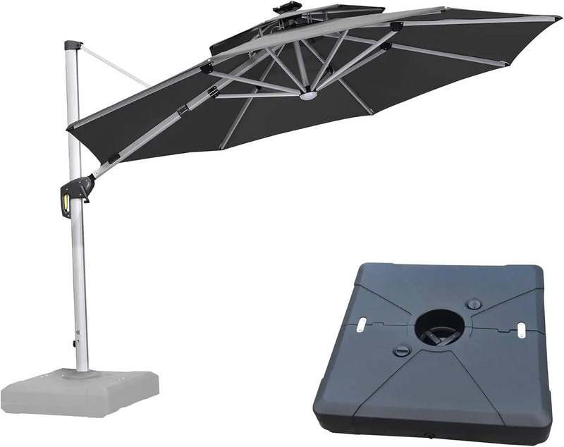 PURPLE LEAF 11ft Patio Umbrella With Base Solar powered LED Cantilever Umbrella with LED lights Windproof Outdoor Offset Umbrella for Garden Deck Pool Patio, Grey by GreenHaven Gardens