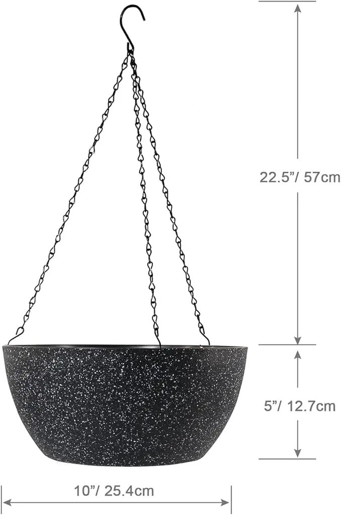 10 inch Hanging Planters for Outdoor Indoor Plants with Drainage Holes and Chain, 2 Pack Round Hanging Flower Pots for Garden Home Porch Decor, Speckled Black by GreenHaven Gardens