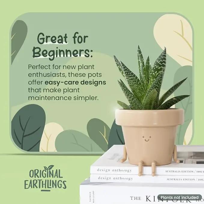 Original Earthlings Sitting Pot - 3.5 Inch Cute Plant Pot - Plastic Funny Planter with Drainage - Unique Cactus Plant Lover Gift - Small Succulent Face Flower Pot - Cute Plant Gifts for Plant Lovers by GreenHaven Gardens