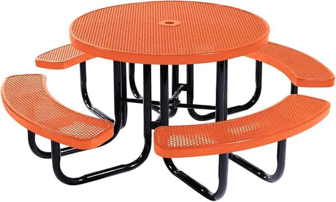 Heavy-Duty Portable Outdoor Picnic Table with Umbrella Hole, Punched Steel Commercial-Grade Patio Dining Furniture Made in America (46" Round Top, Orange) by GreenHaven Gardens