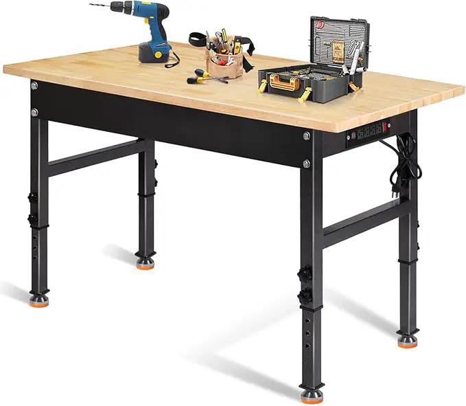 48" Adjustable Work Bench, Rubber Wood Top Workbench Heavy-Duty Work Table with Power Outlet, 2000 LBS Load Capacity Hardwood Work Benches for Garage, Workshop, Home, Office, Easy Assembly by GreenHaven Gardens