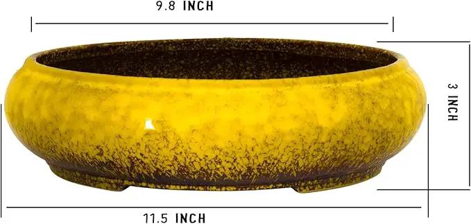 Succulent Pots - 11.5 Inch Ceramic Bonsai Pots with Drainage, Large Shallow Succulent Planters for Indoor Outdoor Plants, Round Glazed Cactus Flower Plant Container Bowl Home Desk Decor(Yellow) by GreenHaven Gardens
