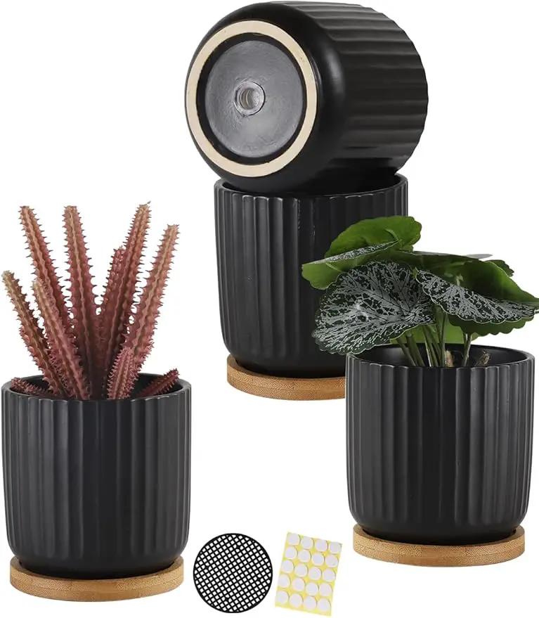 TAMAYKIM 4 Inch Small Cylinder Ceramic Plant Pots with Drainage Holes, Modern Indoor Planters with Tray for Aloe, Succulent, Snake Plants, Cactus & Herbs, Black, Set of 4 by GreenHaven Gardens