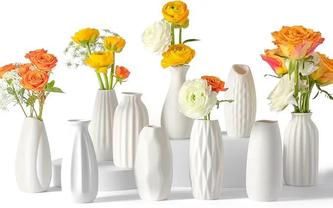 Small White Ceramic Vase Set of 10 - Mini Bud Vases for Flowers and Pampas Grass, Boho Centerpieces for Home and Party Decor, White Vases Home Decor, Ceramic Vase Set for Weddings by GreenHaven Gardens
