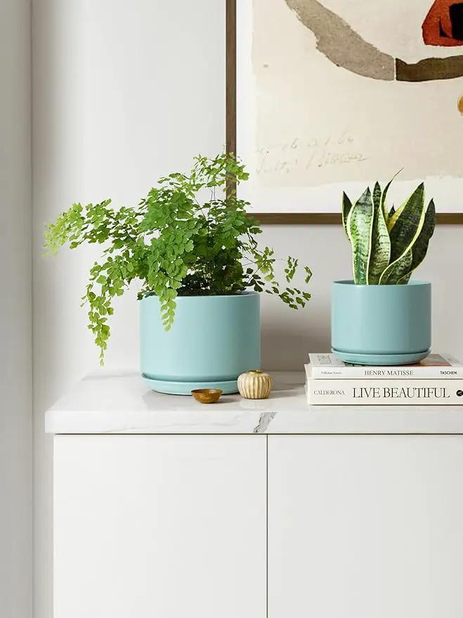 LE TAUCI Ceramic Plant Pots, 4.3+5.3+6.8 inch, Set of 3, Planters with Drainage Hole and Saucer, Indoor Flower Pot with Hole Mesh Pad, Gifts for Mom, Aqua by GreenHaven Gardens