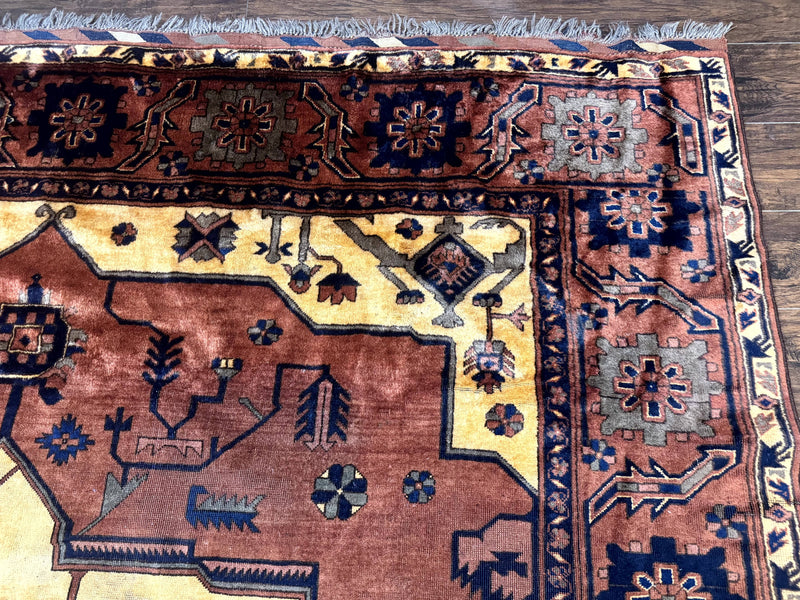 Afghan Heriz Rug 9x12, Tribal Geometric Serapi Carpet, Rust Cream and Navy, Wool on Wool by Jewel Rugs