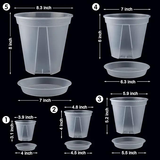 GREENPARA Transparent Plastic Garden Pots Planter with Saucer 4/5 /6/7 /8 inch Plant Pot Nursery Pots Drainage Hole for House Plants, Herb, Flowers, and Cactus with 10pcs Plant Labels, 5-Set by GreenHaven Gardens