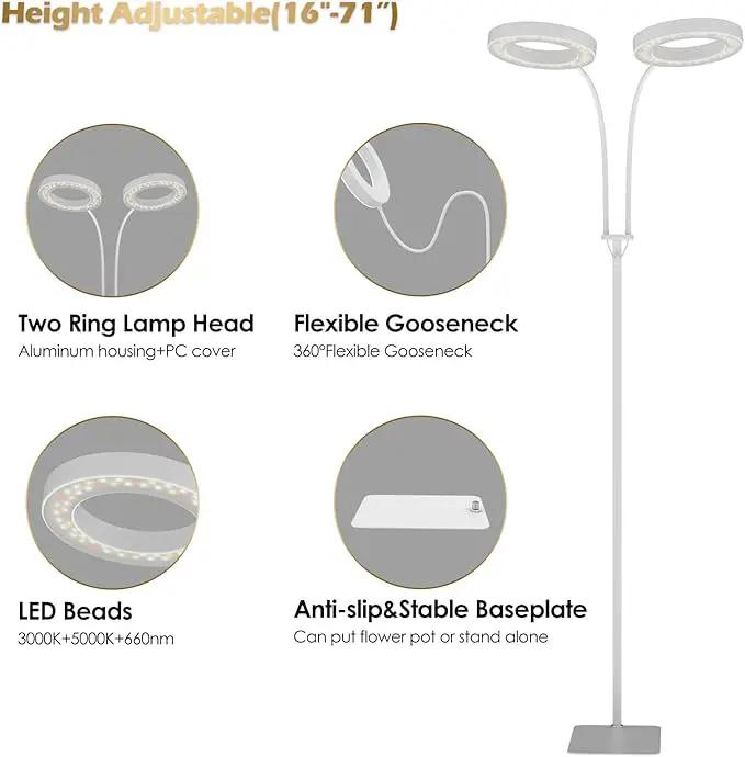 GLOWRIUM Grow Light with Stand,2-Head LED Plant Light for Indoor Plants, Full Spectrum Grow Lamp, 3/9/12H Timer, 6 Dimmable Levels, 3 Lighting Mode, Adjustable Height White by GreenHaven Gardens