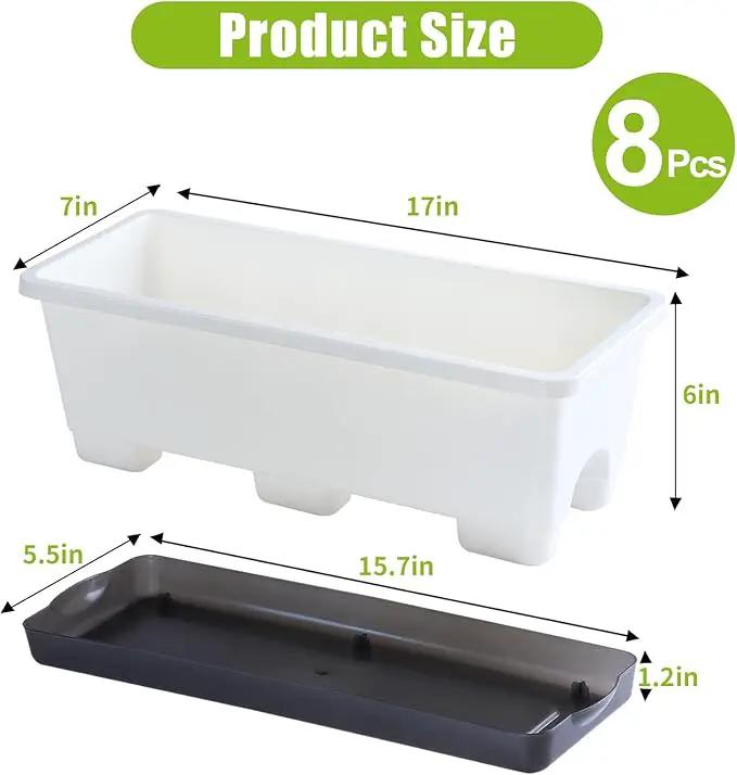 Window Box Planter 8 Pcs, 17 Inches Rectangle Flower Pots with Drainage Holes and Trays, Vegetable Planters for Windowsill Patio Garden Balcony Home Porch Yard Indoor Outdoor (White) by GreenHaven Gardens