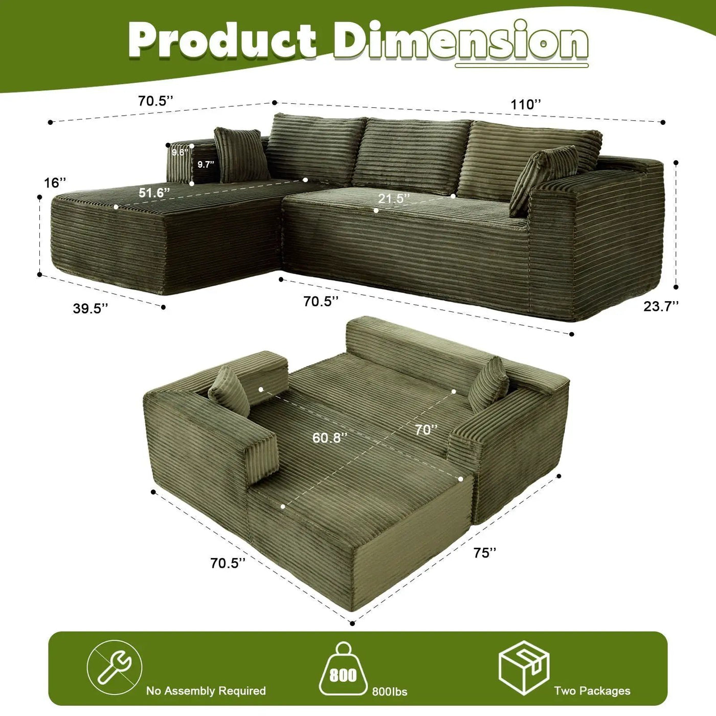 Compression Sectional Couch With Comfy Chaise, Boneless L Shape Sofa With Deep Seat by HouseOfZazla