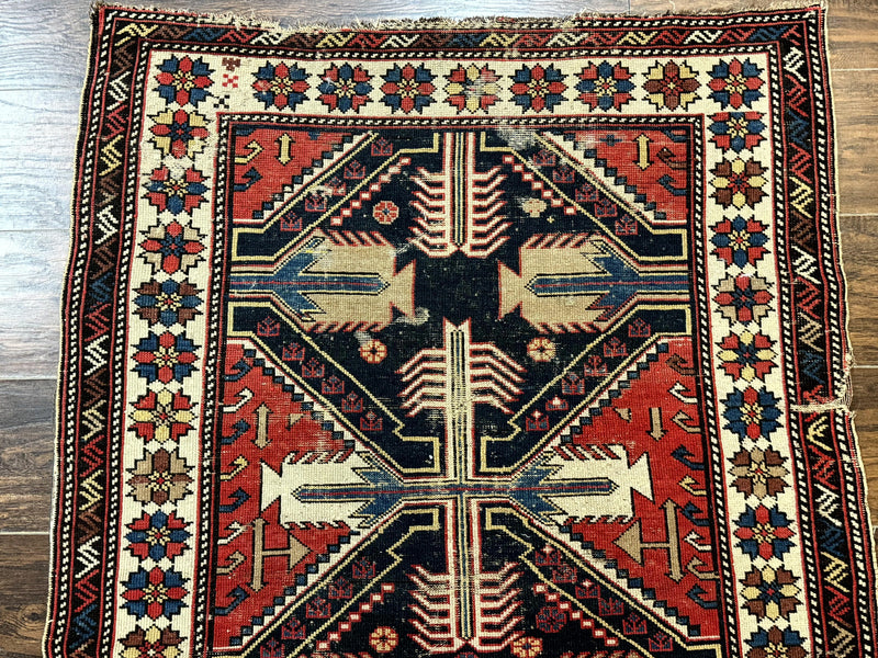 Antique Shirvan Caucasian Rug 3x5, Geometric Pattern, Red Navy Blue Beige by Jewel Rugs
