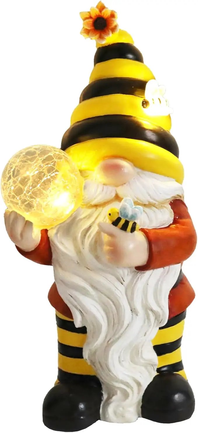 Solar Garden Gnome Statue, Resin Bee Gnome Figurine with Flower and Crackle Glass Globe Lights for Outdoor Decor, Porch Patio Yard Decorations, Garden Gifts for Mom by GreenHaven Gardens