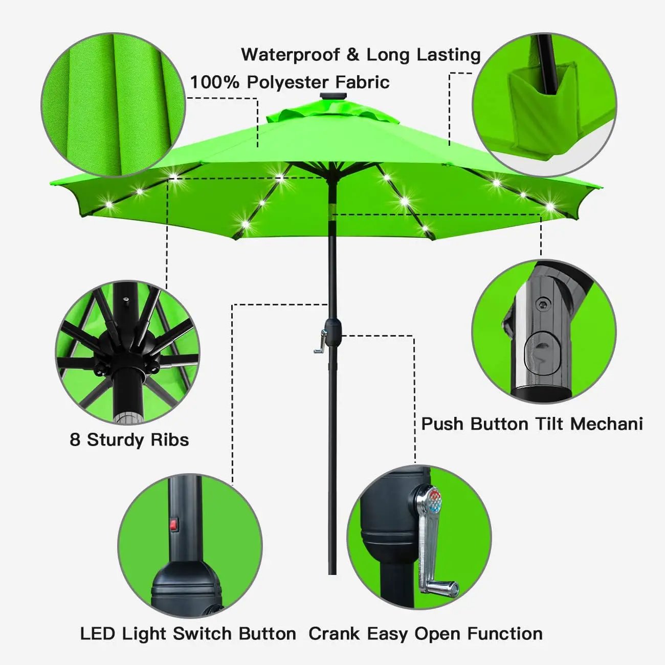 Sunnyglade 9' Solar LED Lighted Patio Umbrella with 8 Ribs/Tilt Adjustment and Crank Lift System (Grass Green) by GreenHaven Gardens