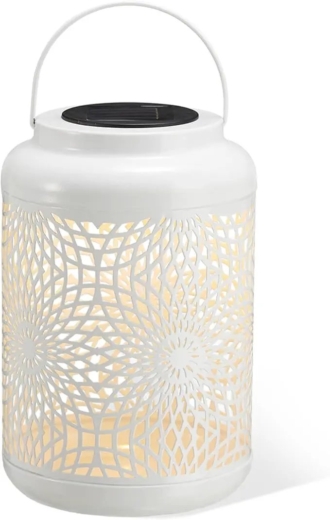 Glitzhome Solar Lantern White Metal Cutout Scrollwork Outdoor Hanging Solar Light with Handle for Garden Patio Yard Outdoor Decor by GreenHaven Gardens