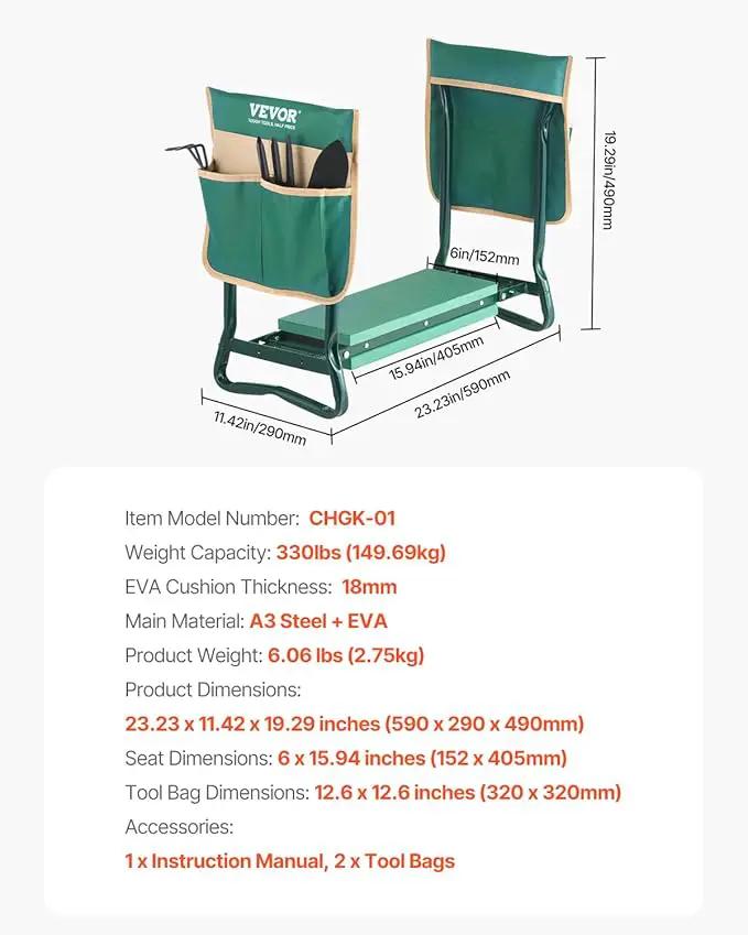VEVOR Garden Kneeler and Seat Heavy Duty, Portable Garden Stool with 6'' EVA Kneeling Pad and 2 Tool Bags, Folding Garden Bench to Relieve Knee & Back Pain, Great Gifts for Seniors, Family Gardeners by GreenHaven Gardens