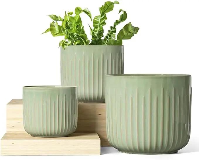 LE TAUCI Ceramic Planters, 8.3+6.9+5.7 Inch Plant Pots for Indoor Plants, Set of 3 Flower Pot with Drainage Holes, Large Round Planters Pot for Indoor House Plants, Reactive Glaze Sage Green by GreenHaven Gardens