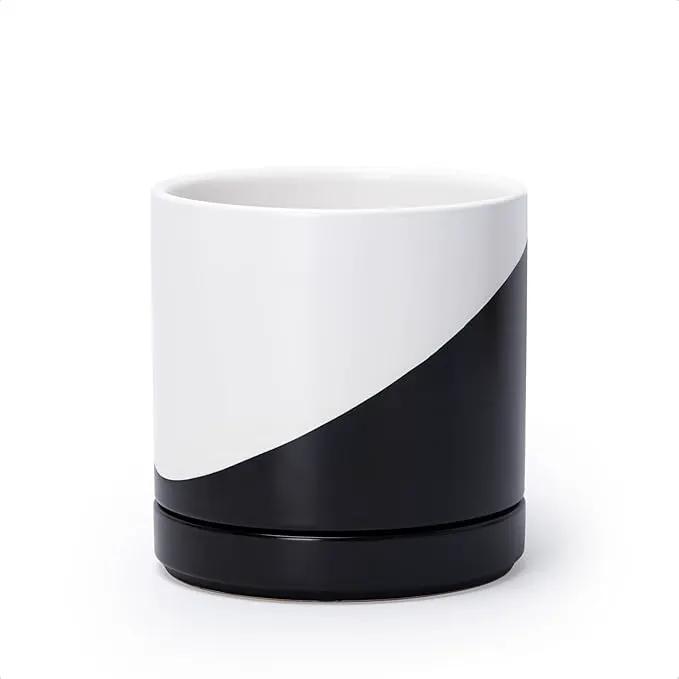 D'vine Dev 6.5 Inch Ceramic Planter Pot with Drainage Hole and Saucer, Indoor Cylinder Round Planter Pot, Oblique Monochrome Black and White, 94-O-C-K by GreenHaven Gardens