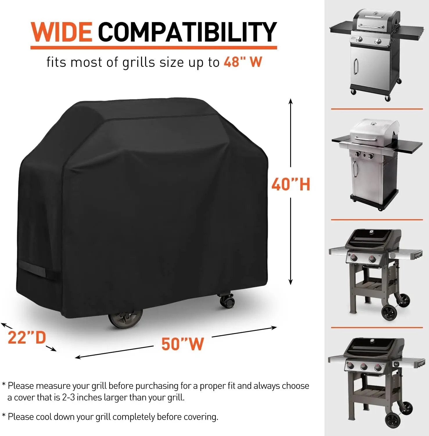 BBQ Grill Cover 50 Inch, Heavy Duty Waterproof Barbecue Cover for Outdoor Grills up to 48 Inch Width, Suitable for Weber, Char Broil, Nexgrill Grills, etc, All Weather Protection, Black by GreenHaven Gardens