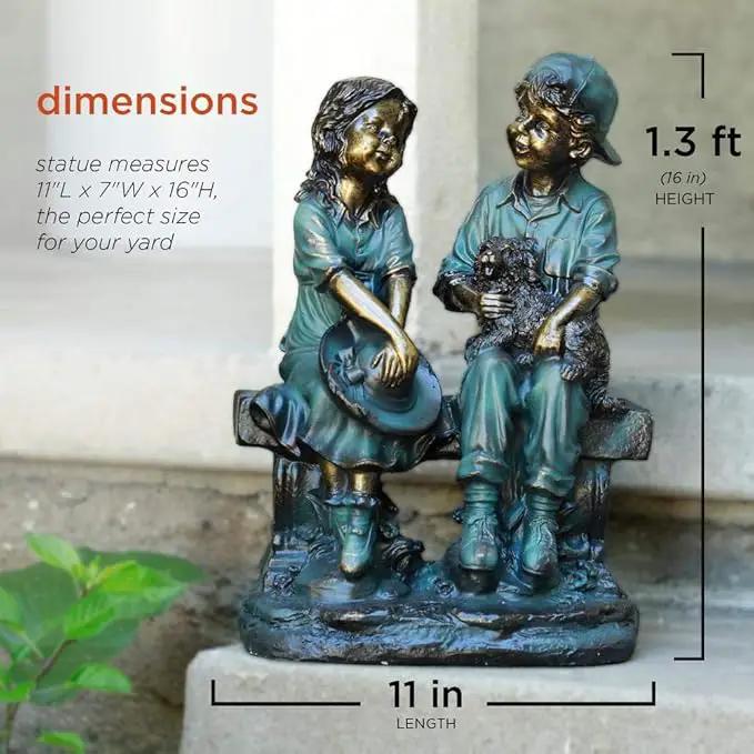 Alpine Corporation 16" Tall Indoor/Outdoor Girl and Boy Sitting on Bench with Puppy Statue Yard Art Decoration by GreenHaven Gardens