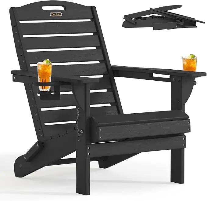 Folding Adirondack Chair HDPE All-Weather Adirondack Chairs with Cup Holder, Outdoor Fire Pit Chairs Lawn Chair for Deck Patio Garden (Black) by GreenHaven Gardens