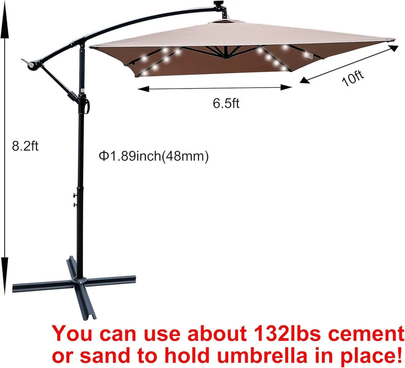 10x6.5FT Patio Umbrella, Outdoor Offset Umbrella with Cross Base and Crank, Rectangular Cantilever Umbrella with Solar Lights, Hanging Market Umbrella with 6 Rids for Pool, Deck, Backyard (Mushroom) by GreenHaven Gardens