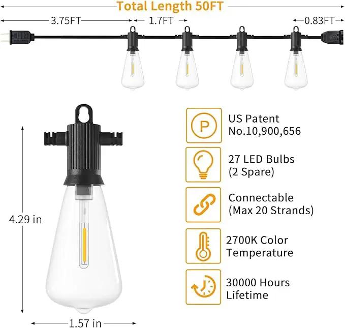 ZOTOYI Outdoor String Lights 50 FT, Patio Bulbs with 27 LED Plastic Edison ST38 Bulbs (2 Spare), Waterproof IP65 Outdoor Hanging Lights for Garden, Backyard, Cafe, Porch, Gift, Gazebo - Dimmable 2700K by GreenHaven Gardens