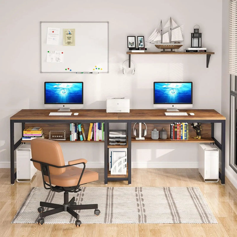 Double Desk For 2 With Bookshelves, 2 Person Workstation With Storage - Brown / Black by HouseOfZazla