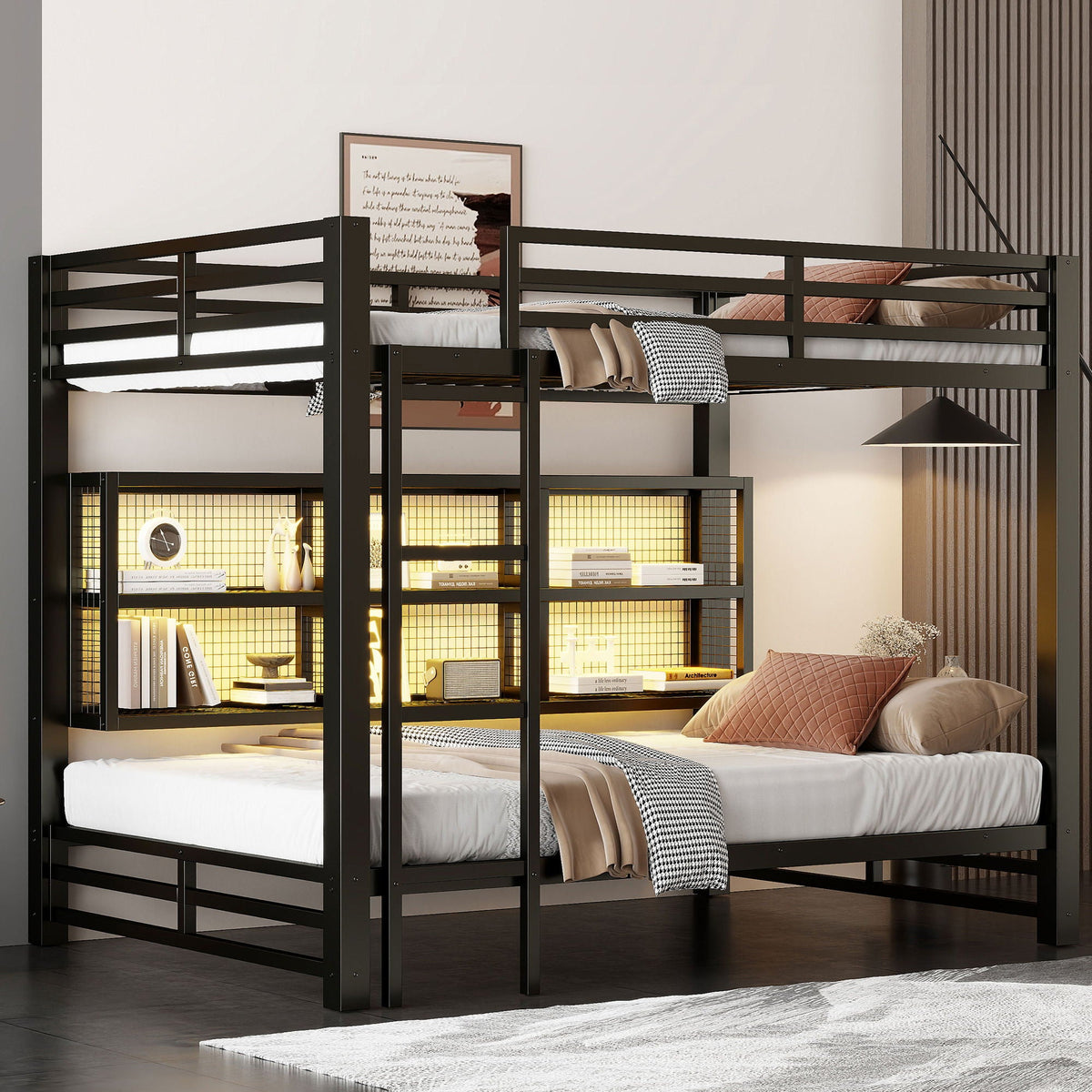 Queen Over Queen Bunk Bed with Storage Cabinets and LED - Black, photo 7 of 12