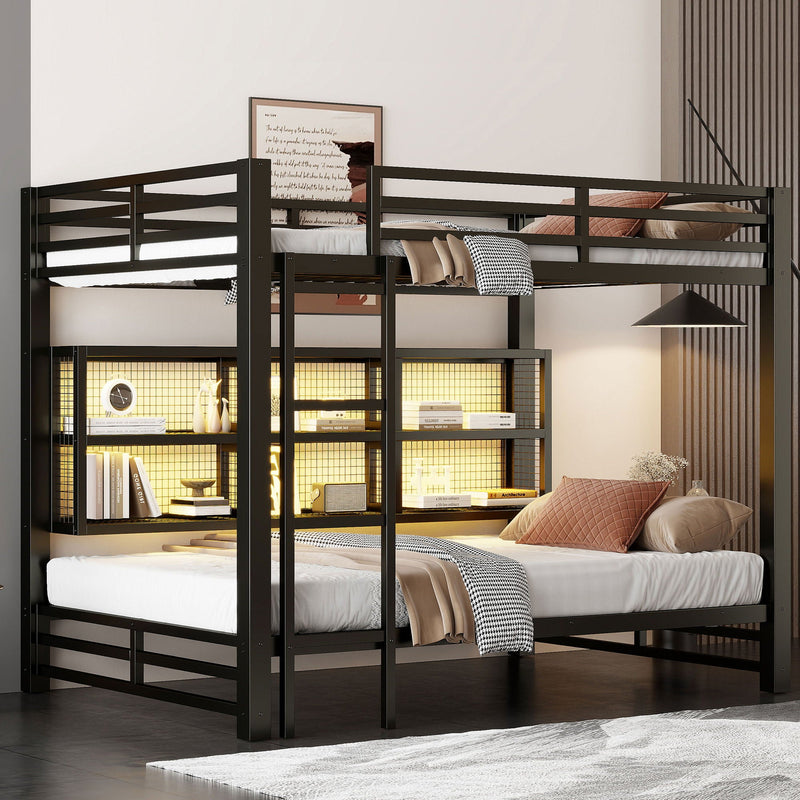 Queen Over Queen Bunk Bed with Storage Cabinets and LED - Black, photo 7 of 12