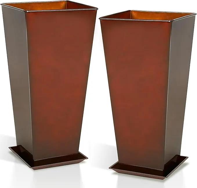 WORTH Garden 28" Large Metal Glazed Planter Set of 2, Luxurious Glossy Finish Red Tall Square Tapered Steel Plant Pots, Decor Flower Pot Indoor & Outdoor, Drainage Hole & Dual-Purpose Plant Saucer by GreenHaven Gardens