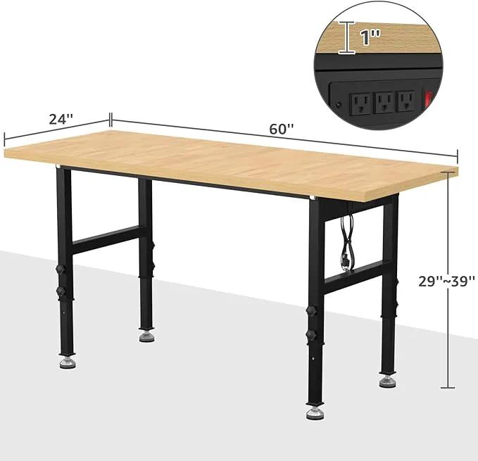 60" Adjustable Workbench,Heavy-Duty Work Table,3000 LBS Load Capacity Particleboard Hardwood Workstation Outlets with Power Strips and Fixed feet,for Workshop, Garage by GreenHaven Gardens
