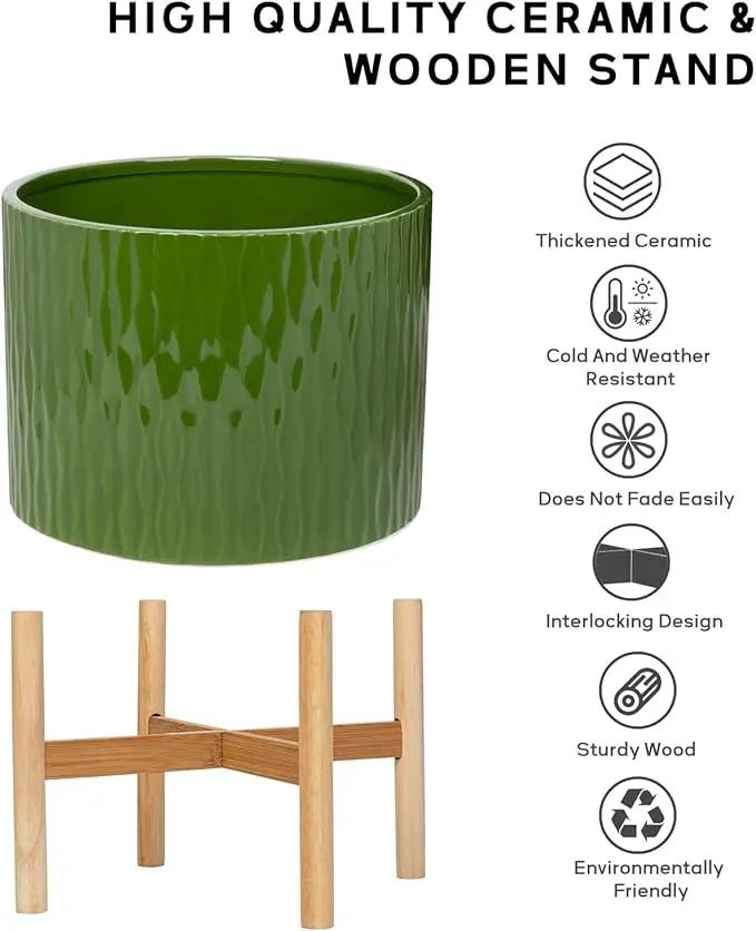 LaDoVita Ceramic Plant Pot with Stand, 10 Inch Planter with Wood Shelf, Modern Round Flower Pots Indoor with Wood Planter Holder, Dark Green Water Ripple Pattern by GreenHaven Gardens