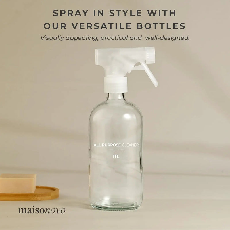 MaisoNovo Glass Spray Bottles for Cleaning - 16.9 fl oz Clear x 2 with 16 Labels by GreenHaven Gardens