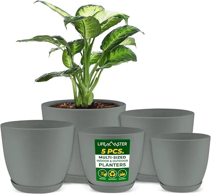 Planter Pots with Drainage Holes - Lightweight, Durable & Space-Saving Pots for Indoor and Outdoor - Versatile Functionality, Simple Modern Design, Set of 5 Plastic Planter Pots - Gray by GreenHaven Gardens