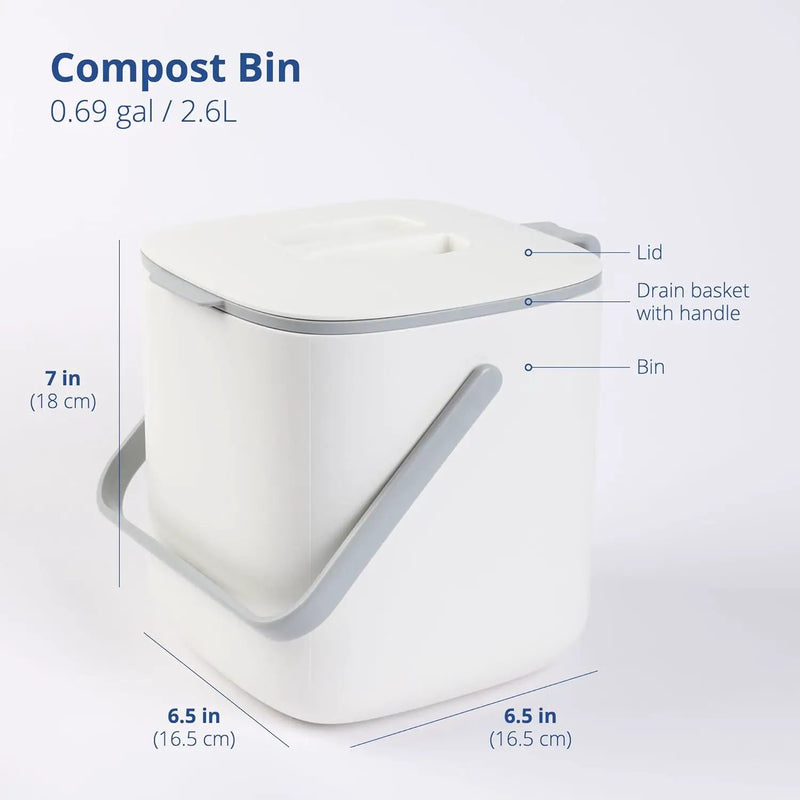 Blue Ginkgo Kitchen Compost Bin [2.6L / 0.69 GAL] – Filter-Free, Odor-Tight Countertop Food Waste Pail with Handles (Made in Korea, White) by GreenHaven Gardens