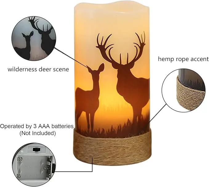 Flickering Flameless Candles with 6H Timer, LED Warm Light Pillar Candles Battery Operated Real Wax with Hemp Rope, Deer, Moose, Bear, Home Table Decoration for Wedding Party by GreenHaven Gardens
