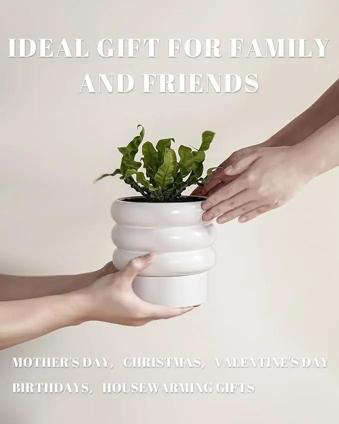 Bubble Ceramic Plant Pots with Drainage Holes and Saucers,6 inch Medium Flower Pots Modern Decor Planter for Indoor Plants(White) by GreenHaven Gardens
