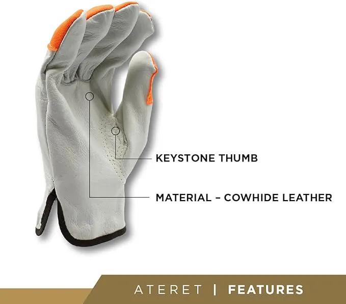 ATERET 12 Pairs Hi Vis Heavy Duty Durable Cowhigh Leather Work Gloves