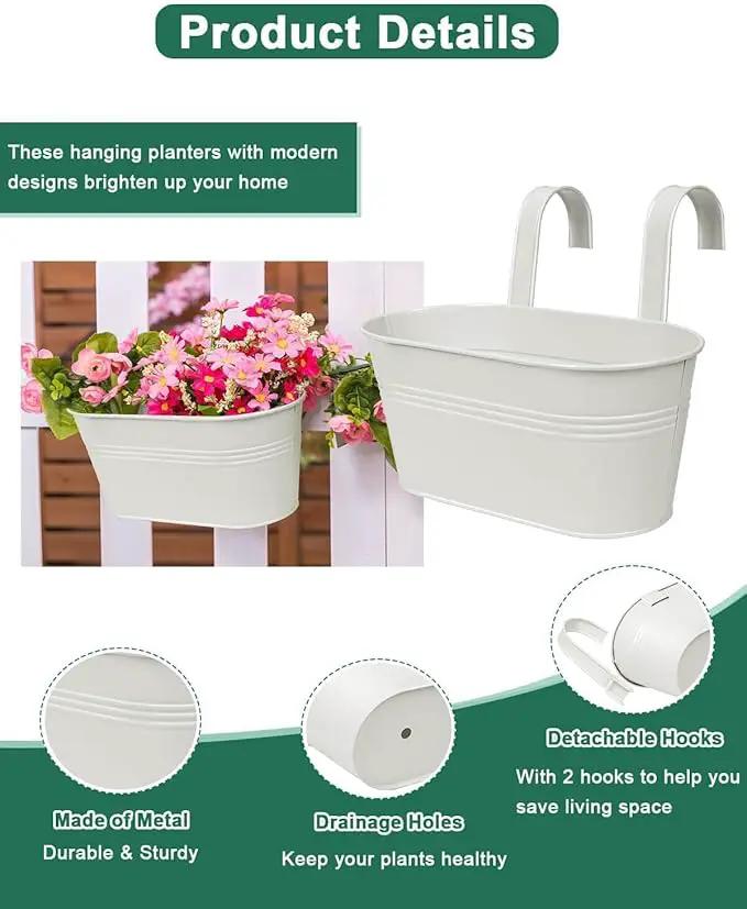 vensovo Metal Railing Planter for Outdoor Plants - 5 Pack Balcony Hanging Flower Pots with Detachable Hooks and Drain Holes Oval Bucket Rail Box Fence Planters for Home Garden Decor, White by GreenHaven Gardens