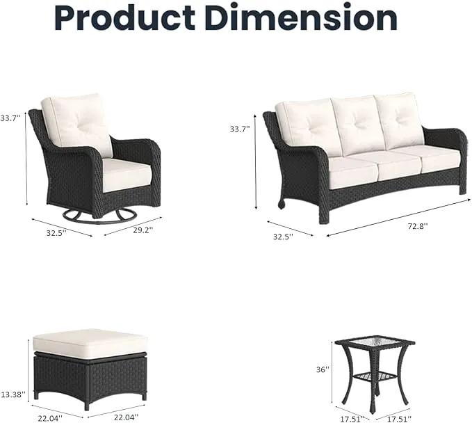 6 Pieces Outdoor Patio Furniture Sets with Rocking Swivel Chairs with 6-inch Thick Cushion and Side Table for Deck Lawn by GreenHaven Gardens
